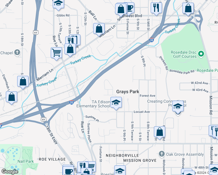 map of restaurants, bars, coffee shops, grocery stores, and more near 1052 Forest Court in Kansas City