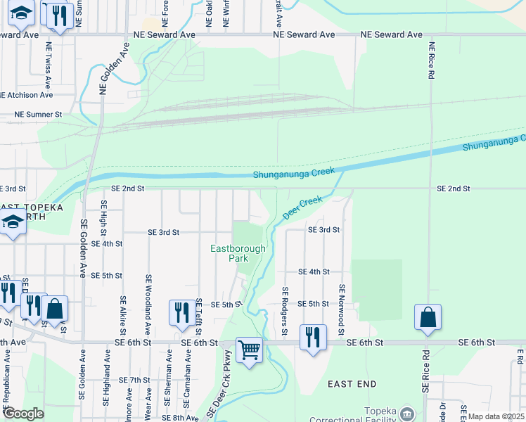 map of restaurants, bars, coffee shops, grocery stores, and more near Deer Creek Trail in Topeka