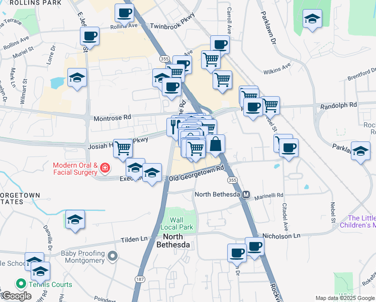 map of restaurants, bars, coffee shops, grocery stores, and more near 11870 Grand Park Avenue in North Bethesda