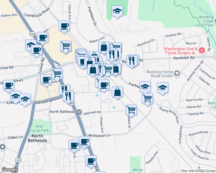 map of restaurants, bars, coffee shops, grocery stores, and more near 11901 Nebel Street in Rockville