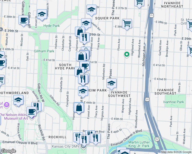 map of restaurants, bars, coffee shops, grocery stores, and more near 4200 Tracy Avenue in Kansas City