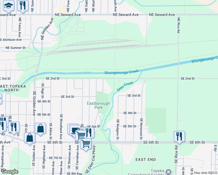 map of restaurants, bars, coffee shops, grocery stores, and more near Deer Creek Trail in Topeka