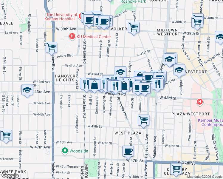 map of restaurants, bars, coffee shops, grocery stores, and more near 4230 Terrace Street in Kansas City