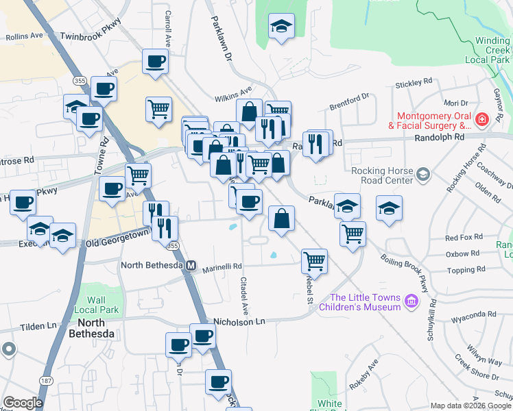 map of restaurants, bars, coffee shops, grocery stores, and more near 11901 Nebel Street in Rockville