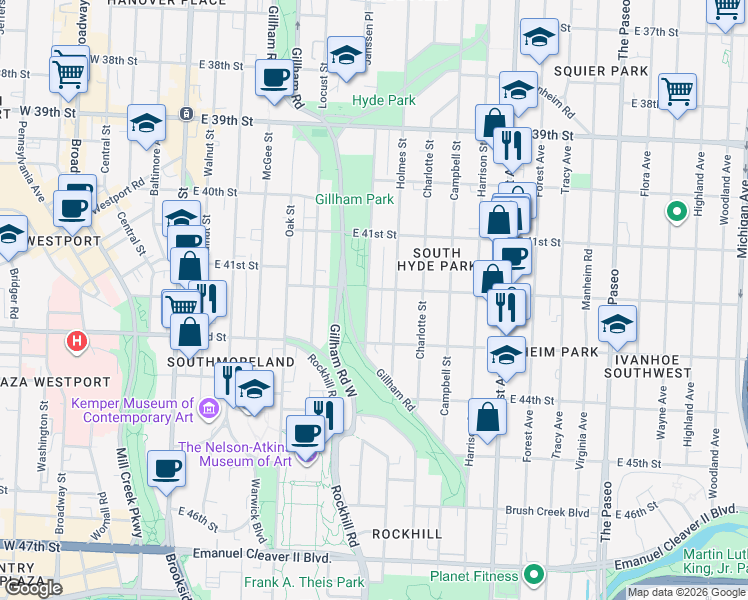 map of restaurants, bars, coffee shops, grocery stores, and more near 4147 Kenwood Avenue in Kansas City