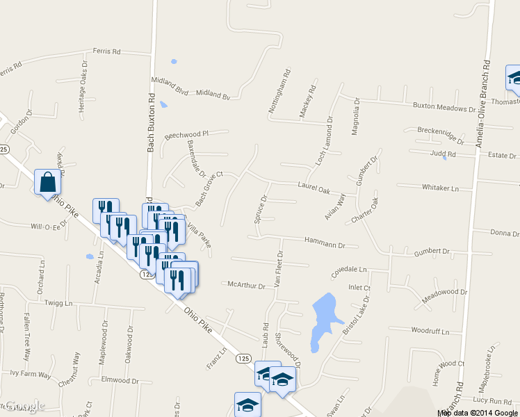 map of restaurants, bars, coffee shops, grocery stores, and more near Spruce Drive in Amelia