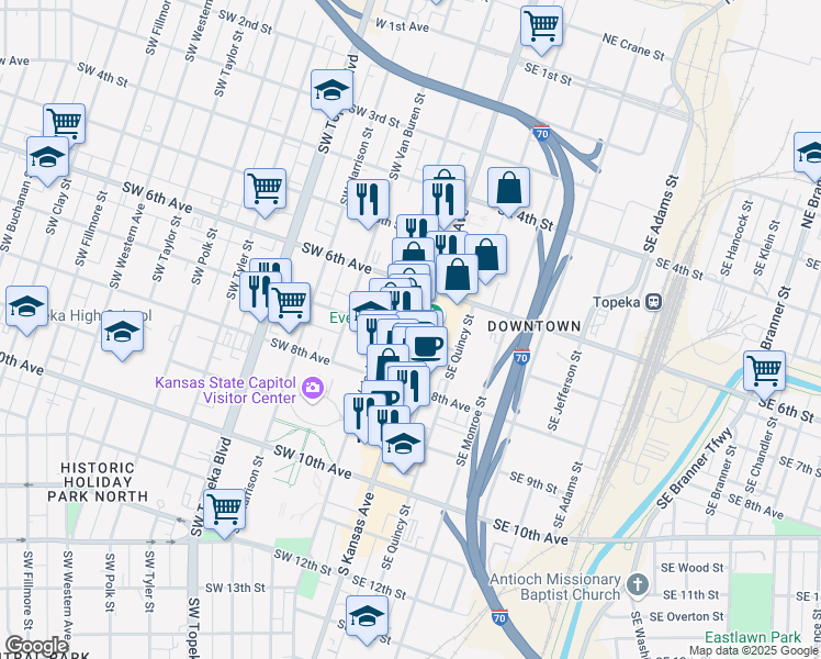map of restaurants, bars, coffee shops, grocery stores, and more near 612 South Kansas Avenue in Topeka