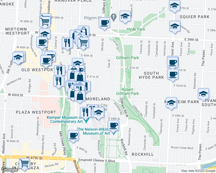 map of restaurants, bars, coffee shops, grocery stores, and more near 4211 Oak St in Kansas City