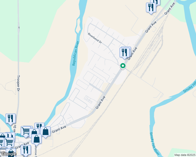 map of restaurants, bars, coffee shops, grocery stores, and more near 40 Fuller Circle in Junction City