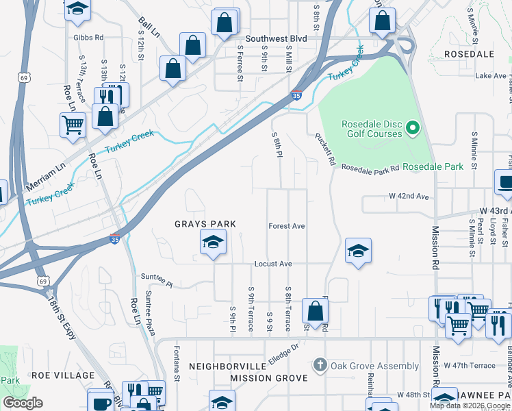 map of restaurants, bars, coffee shops, grocery stores, and more near 2810 South 9 Street in Kansas City