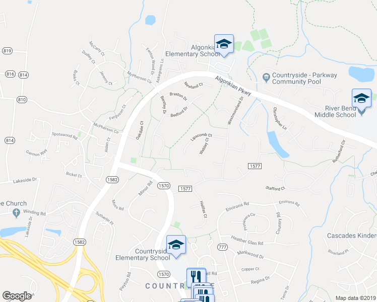 map of restaurants, bars, coffee shops, grocery stores, and more near 23 Lipscomb Court in Sterling