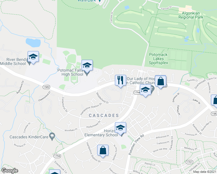 map of restaurants, bars, coffee shops, grocery stores, and more near 46600 Ellicott Square in Sterling