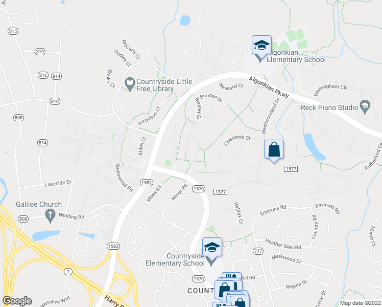 map of restaurants, bars, coffee shops, grocery stores, and more near 43 Bentley Drive in Sterling