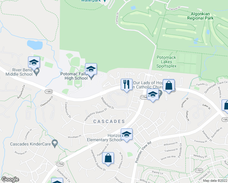 map of restaurants, bars, coffee shops, grocery stores, and more near 46602 Ellicott Square in Sterling