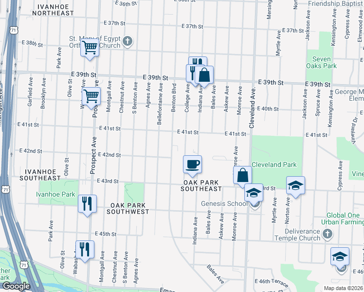 map of restaurants, bars, coffee shops, grocery stores, and more near 4113 Benton Boulevard in Kansas City