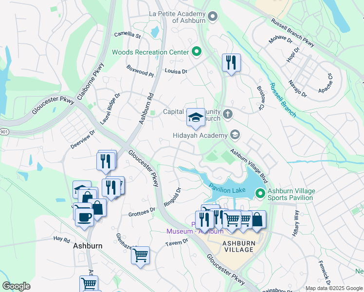 map of restaurants, bars, coffee shops, grocery stores, and more near 43993 Aberdeen Terrace in Ashburn
