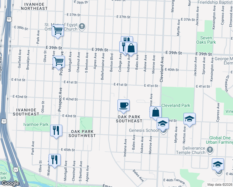 map of restaurants, bars, coffee shops, grocery stores, and more near 4113 Benton Boulevard in Kansas City