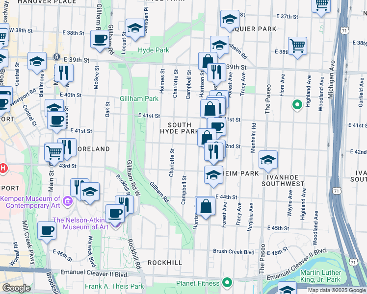 map of restaurants, bars, coffee shops, grocery stores, and more near 4144 Campbell Street in Kansas City