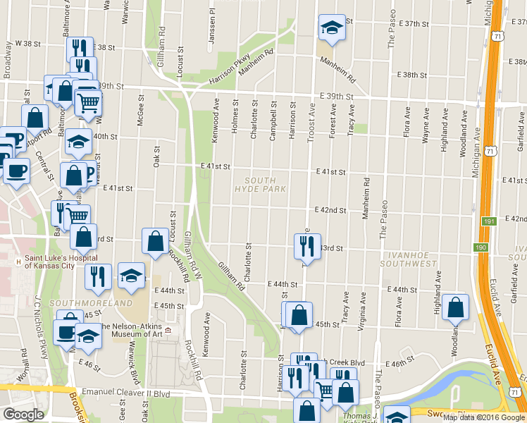 map of restaurants, bars, coffee shops, grocery stores, and more near 4144 Campbell Street in Kansas City