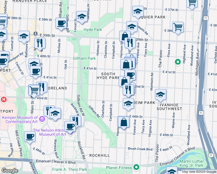 map of restaurants, bars, coffee shops, grocery stores, and more near 4144 Campbell Street in Kansas City