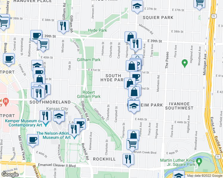 map of restaurants, bars, coffee shops, grocery stores, and more near 4144 Campbell Street in Kansas City
