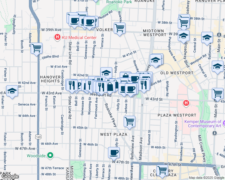 map of restaurants, bars, coffee shops, grocery stores, and more near 4231 Mercier Street in Kansas City