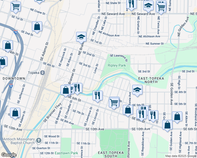 map of restaurants, bars, coffee shops, grocery stores, and more near 307 Southeast Lawrence Street in Topeka