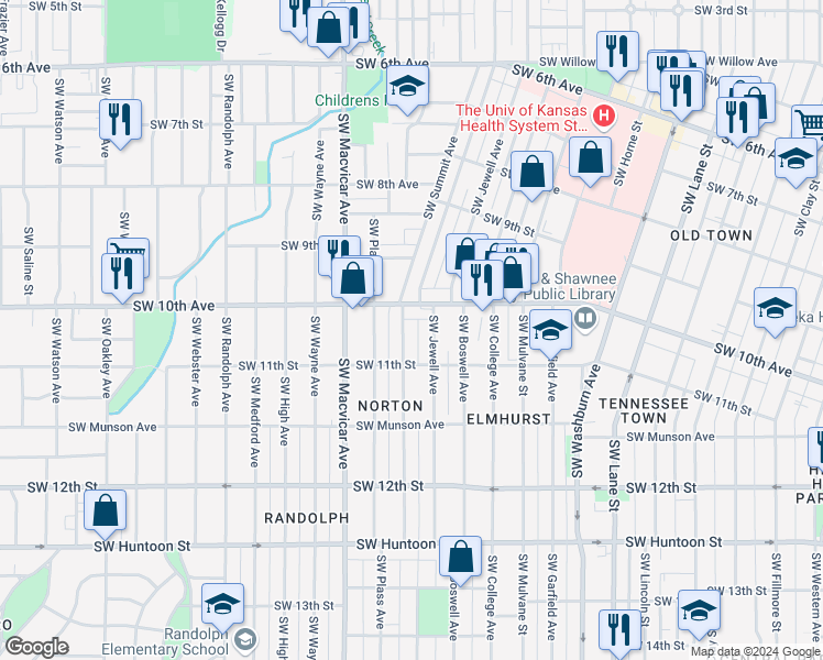 map of restaurants, bars, coffee shops, grocery stores, and more near 2101 Southwest 10th Street in Topeka
