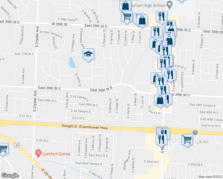 map of restaurants, bars, coffee shops, grocery stores, and more near 13217 East 39th Street South in Independence