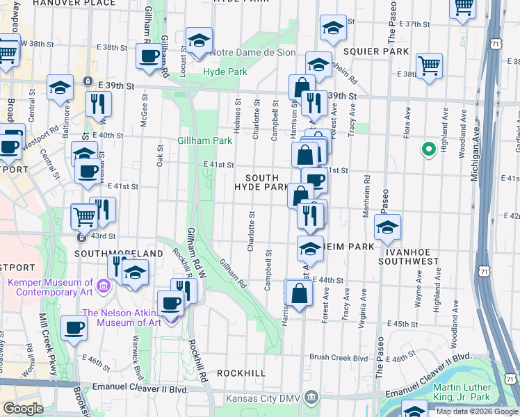 map of restaurants, bars, coffee shops, grocery stores, and more near 809 East 42nd Street in Kansas City
