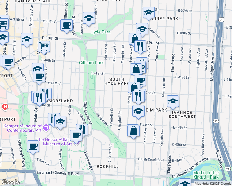 map of restaurants, bars, coffee shops, grocery stores, and more near 811 East 42nd Street in Kansas City