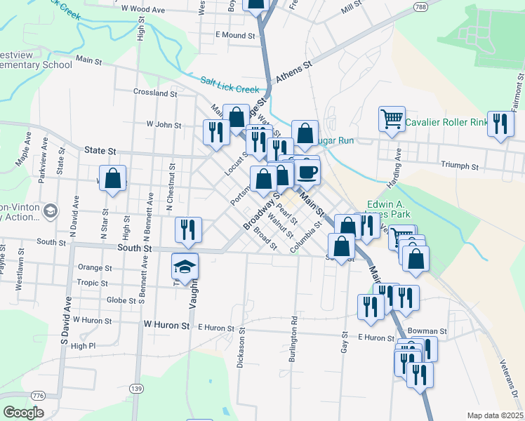 map of restaurants, bars, coffee shops, grocery stores, and more near 160 Broadway Street in Jackson