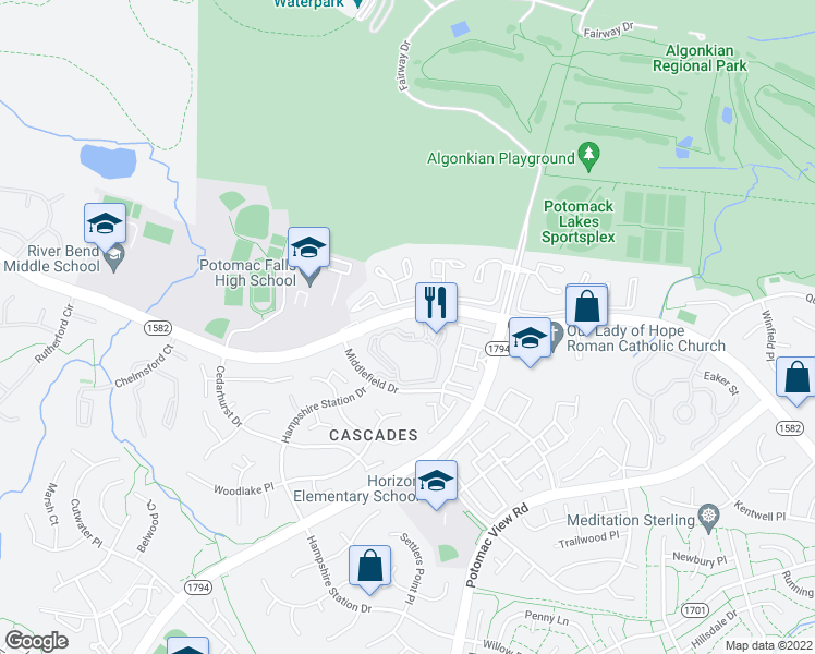 map of restaurants, bars, coffee shops, grocery stores, and more near 46600 Ellicott Square in Sterling