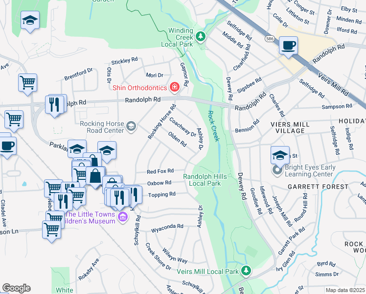 map of restaurants, bars, coffee shops, grocery stores, and more near 4608 Olden Road in Rockville