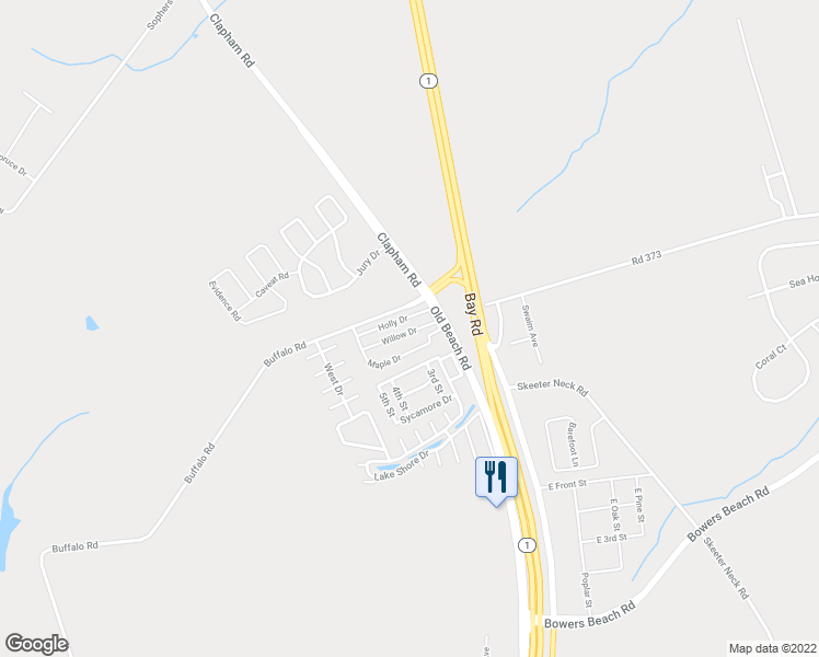 map of restaurants, bars, coffee shops, grocery stores, and more near 150 Willow Drive in Frederica