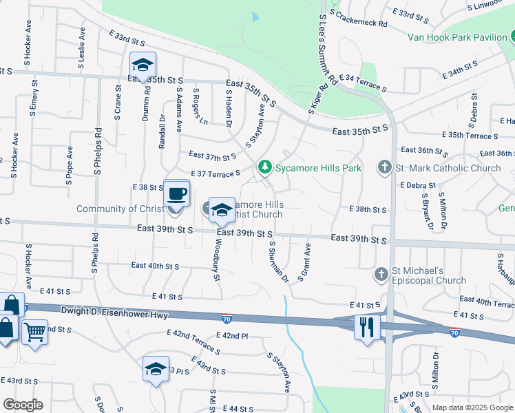 map of restaurants, bars, coffee shops, grocery stores, and more near 3805 Stonewall Court in Independence