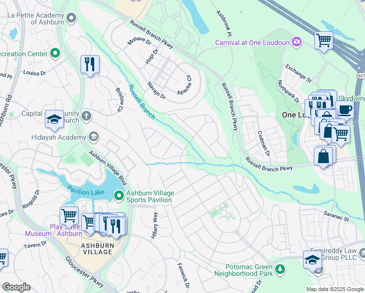 map of restaurants, bars, coffee shops, grocery stores, and more near 44340 Panther Ridge Drive in Ashburn