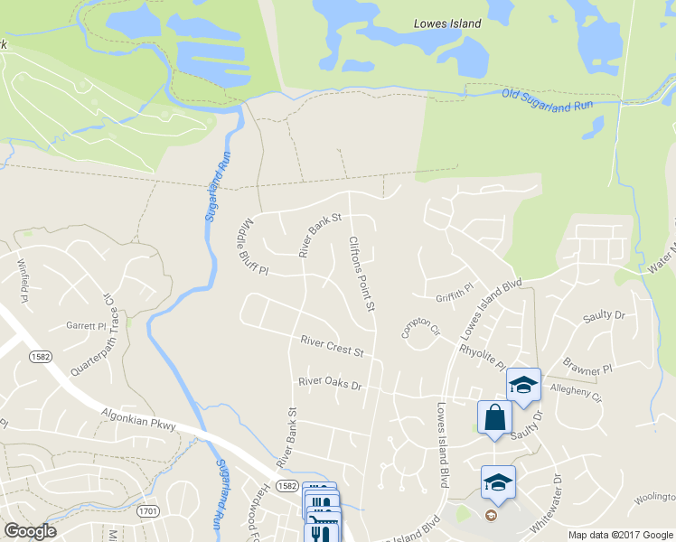 map of restaurants, bars, coffee shops, grocery stores, and more near 20384 Water Valley Court in Sterling
