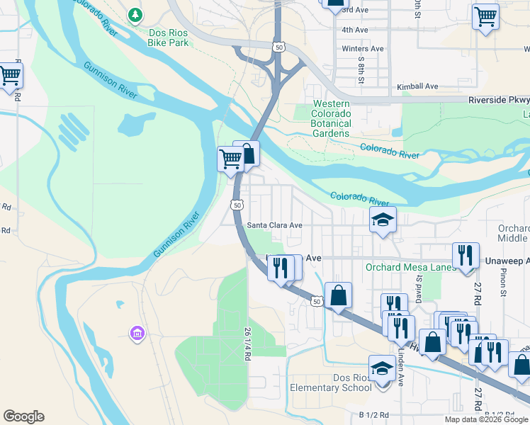 map of restaurants, bars, coffee shops, grocery stores, and more near 1654 Canon Avenue in Grand Junction