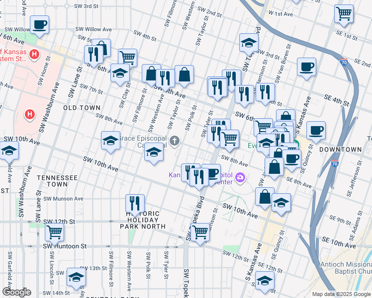 map of restaurants, bars, coffee shops, grocery stores, and more near 800 Southwest Polk Street in Topeka