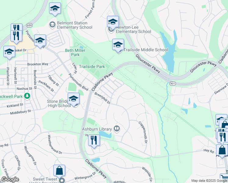 map of restaurants, bars, coffee shops, grocery stores, and more near 20400 Alderleaf Terrace in Ashburn