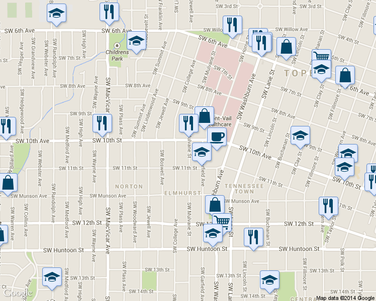 map of restaurants, bars, coffee shops, grocery stores, and more near 1001 Southwest Garfield Avenue in Topeka