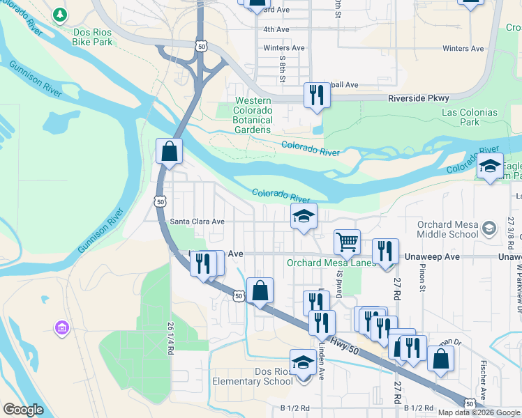 map of restaurants, bars, coffee shops, grocery stores, and more near 810 Santa Clara Avenue in Grand Junction