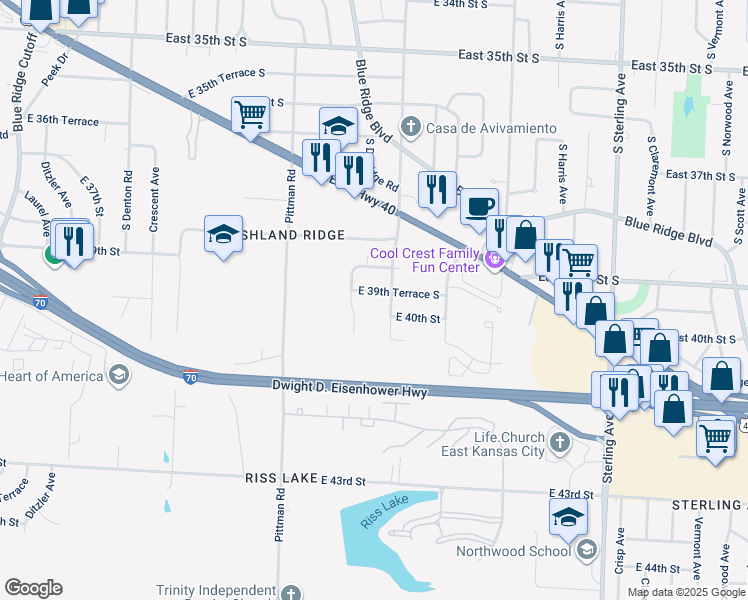 map of restaurants, bars, coffee shops, grocery stores, and more near 10314 East 39th Terrace South in Kansas City
