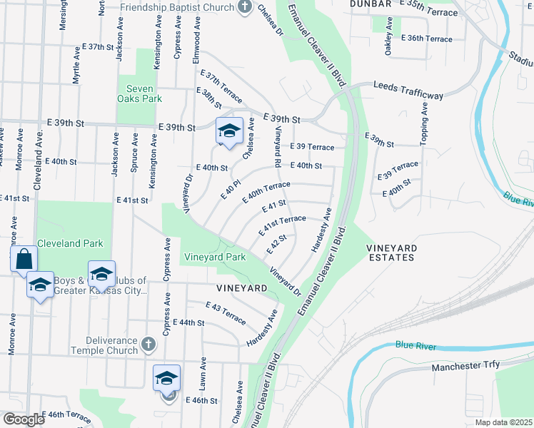 map of restaurants, bars, coffee shops, grocery stores, and more near 5011 East 41 Street in Kansas City