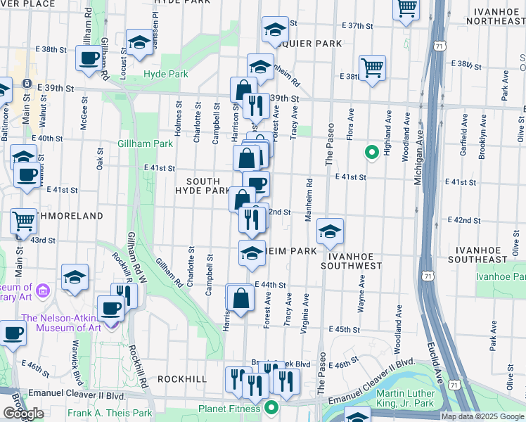 map of restaurants, bars, coffee shops, grocery stores, and more near 4139 Troost Avenue in Kansas City