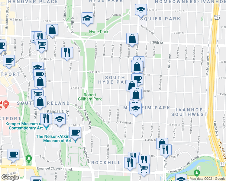 map of restaurants, bars, coffee shops, grocery stores, and more near 4144 Campbell Street in Kansas City