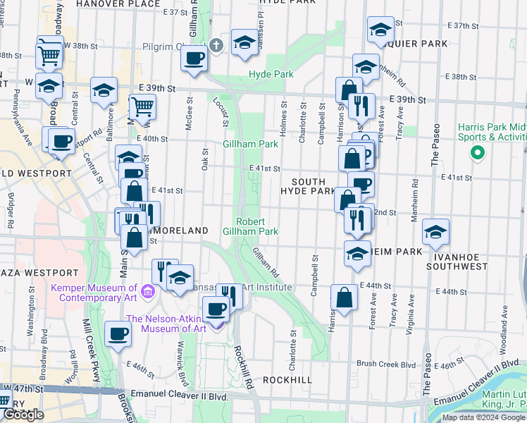 map of restaurants, bars, coffee shops, grocery stores, and more near 4147 Kenwood Avenue in Kansas City
