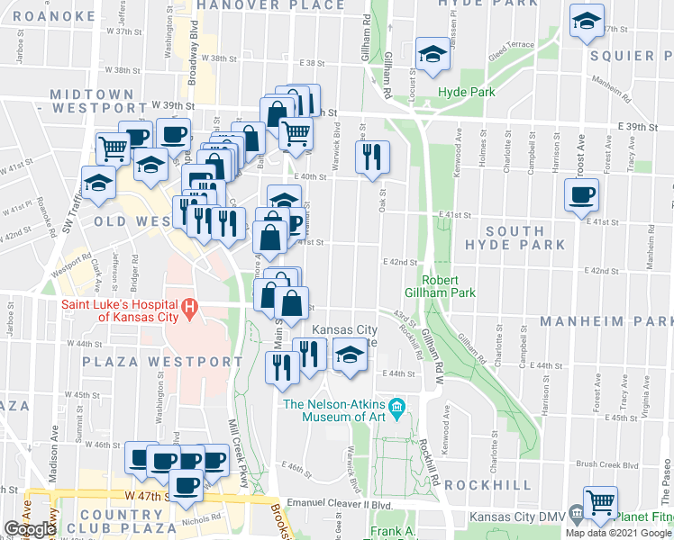 map of restaurants, bars, coffee shops, grocery stores, and more near 4111 Warwick Boulevard in Kansas City