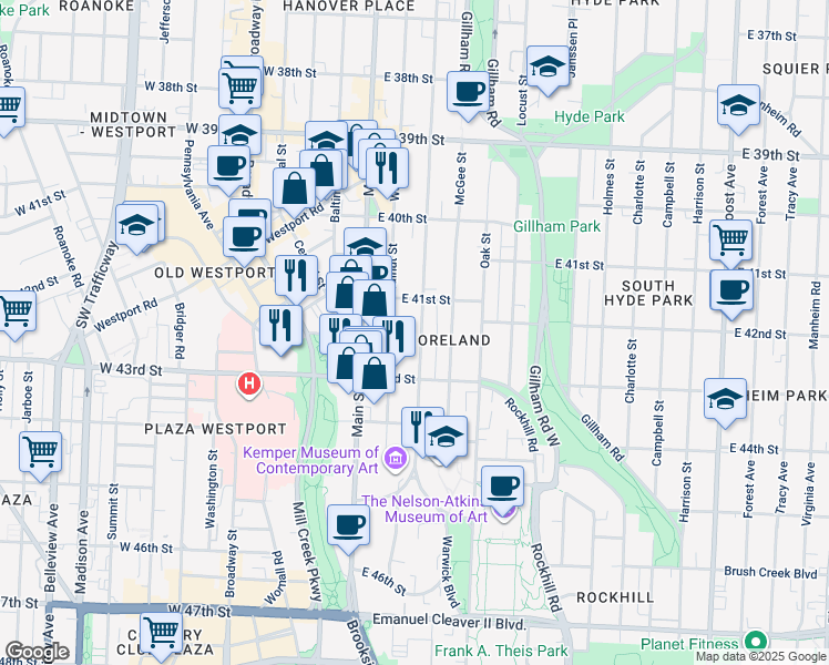 map of restaurants, bars, coffee shops, grocery stores, and more near 4111 Warwick Boulevard in Kansas City